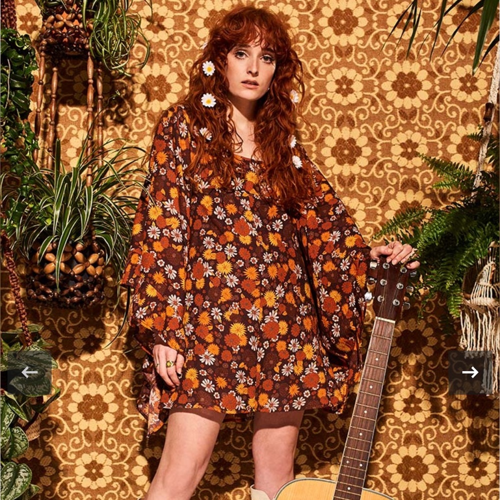 ✌🏽70’s Bohemian Hippie Shake Brown Mustard Floral Belle Sleeve Mini Dress UK18
